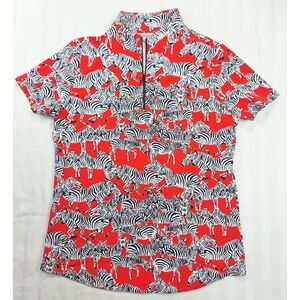 IBKUL Womens Zebra Print Quarter Zip Polo Shirt Red White Black Short Sleeve M